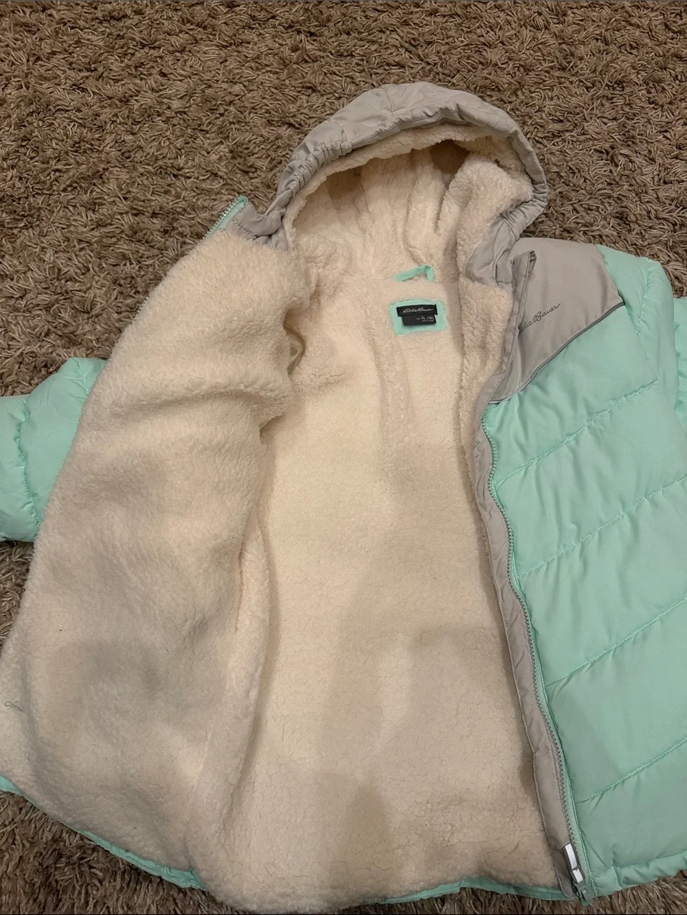Eddie Bauer Mint Green & Light Gray Sherpa-Lined Hooded Puffer - Kids